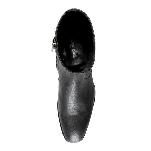 Roberto Cavalli Men\'s Off Black Textured Leather Ankle Boots Shoes